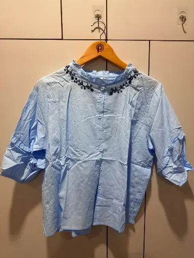 [2843] Sky Blue Ruffle Collar Embroidered Free Size Linen Shirt Top