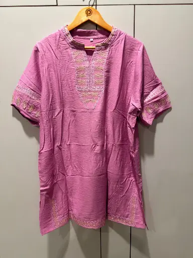 [2844] Mauve Pink Embroidered Neck Long Linen Tunic Top