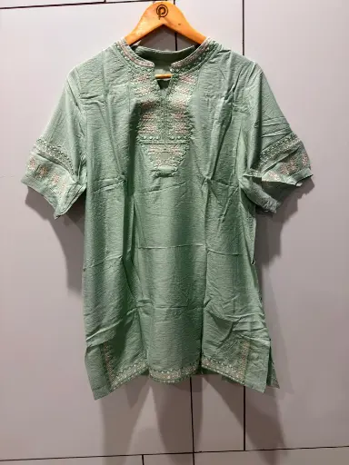 [2845] Sage Green Embroidered Neck Long Linen Tunic Top