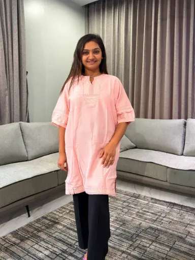 [2846] Peach Coral Embroidered Neck Long Linen Tunic Top