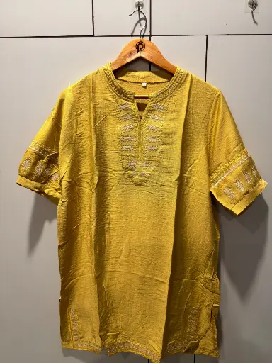 [2847] Mustard Yellow Embroidered Neck Long Linen Tunic Top