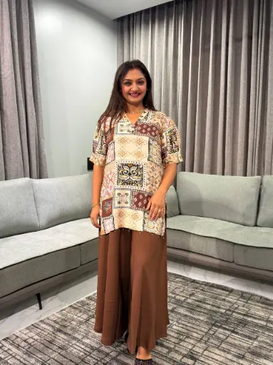 [2848] Beige & Chocolate Brown Patchwork Printed Muslin Co-ord Set