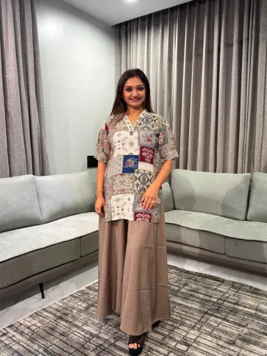 [2850] Grey & Taupe Patchwork Printed Muslin Co-ord Set