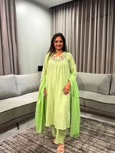 [2851] Pistachio Green Floral Embroidered Mull Cotton Kurta Set with Dupatta