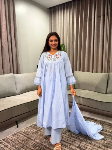 [2853] Powder Blue Floral Embroidered Mull Cotton Kurta Set with Dupatta