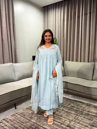 [2854] Sea Green Floral Embroidered Mull Cotton Kurta Set with Dupatta