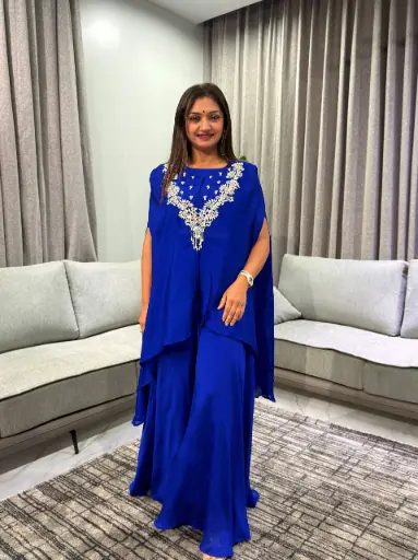 [2855] Royal Blue Hand-Embroidered Cape Kurta Set with Sharara Palazzo