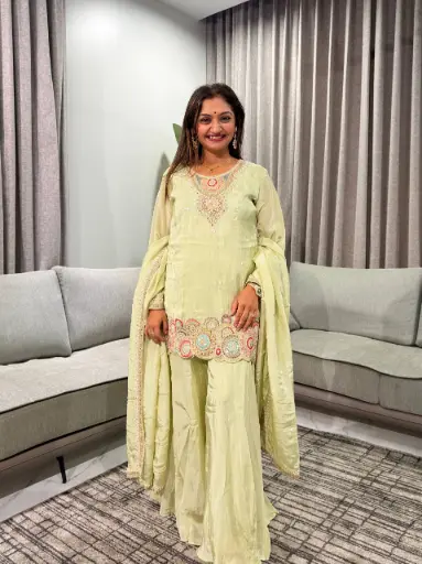 [2856] Ivory pista Heritage Pure Silk Indo-Western Set