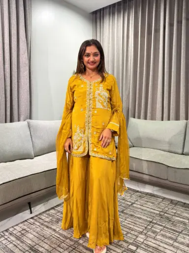 [2858] Mustard Royale Pure Chinon Indo-Western Set