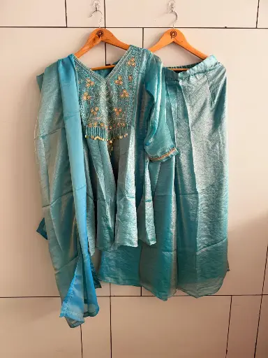 [2859] Aqua Blue Royale Shining Silk Indo-Western Set