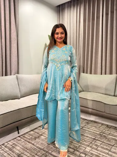 [2859] Aqua Blue Royale Shining Silk Indo-Western Set