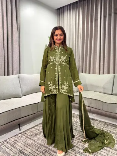 [2860] Olive Zari Bloom Pure Chinon Indo-Western Set 
