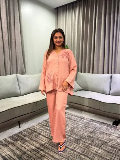 [2862] Dusty Rose Floral Embroidered Linen Cotton Co-ord Set