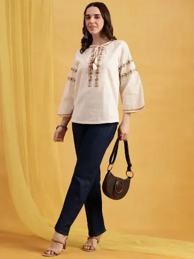[2864] Off-White Tassel Tie-Neck Embroidered Jacquard Cotton Top