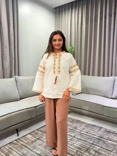 [2864] Off-White Tassel Tie-Neck Embroidered Jacquard Cotton Top