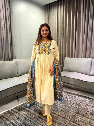 [2866] Beige Floral Embroidered Soft Cotton Kurta Set with Dupatta