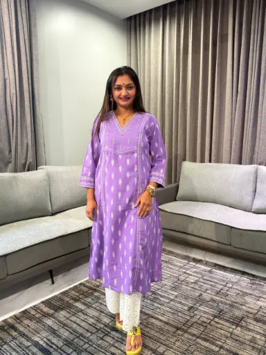 [2868] Purple Leaf Printed Soft Cotton Kurta with Chikankari Palazzo Set