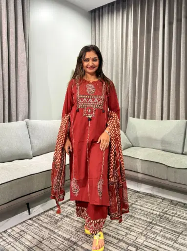 [2876] Rust Red Ajrakh Inspired Embroidered Soft Cotton 3-Piece Kurta Set