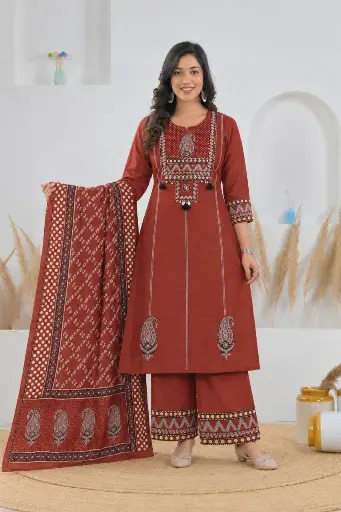 [2876] Rust Red Ajrakh Inspired Embroidered Soft Cotton 3-Piece Kurta Set