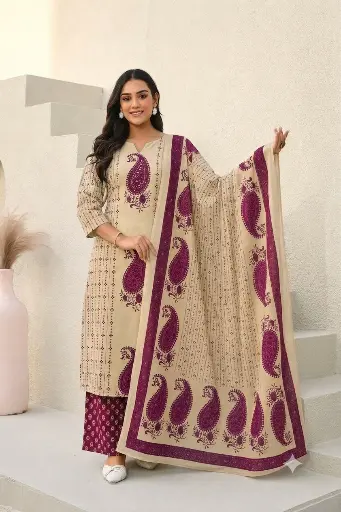 [2880] Beige and Magenta Paisley Print Soft Cotton 3-Piece Kurta Set