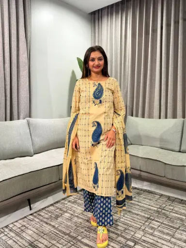 [2881] Indigo Paisley Printed Pure Soft Cotton Kurta Set with Palazzo & Dupatta