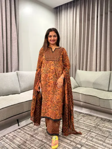 [2883] Rust Orange Floral Printed Cotton Kurta Palazzo Set