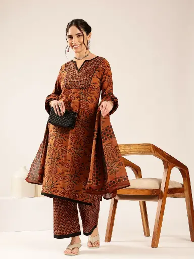 [2883] Rust Orange Floral Printed Cotton Kurta Palazzo Set