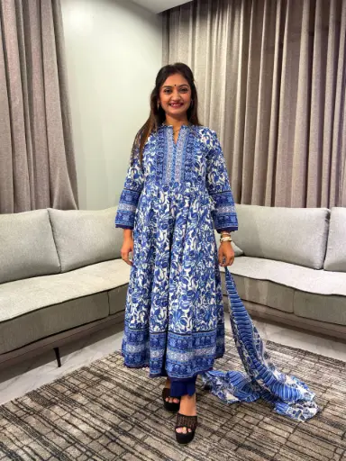 [2884] Royal Blue Floral Printed Cotton Anarkali Kurta Set