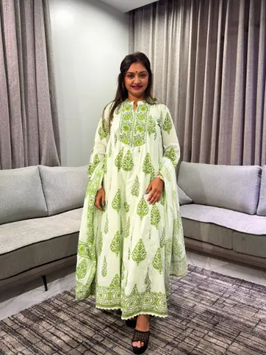 [2887] Mint Green Floral Printed Cotton Anarkali Kurta Set