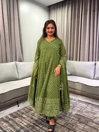 [2891] Olive Green Bandhani Mirror Work Pure Cotton 3-Piece Kurta Set