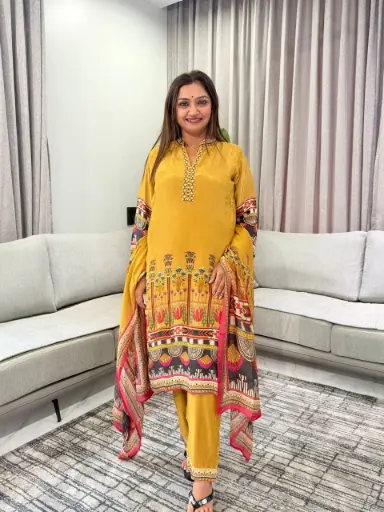[2896] Mustard Yellow Viscose Crepe Embroidered Yoke 3-Piece Kurta Set