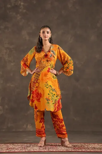 [2897] Mustard Yellow Viscose Crepe Printed Kurta Palazzo Set with Dupatta