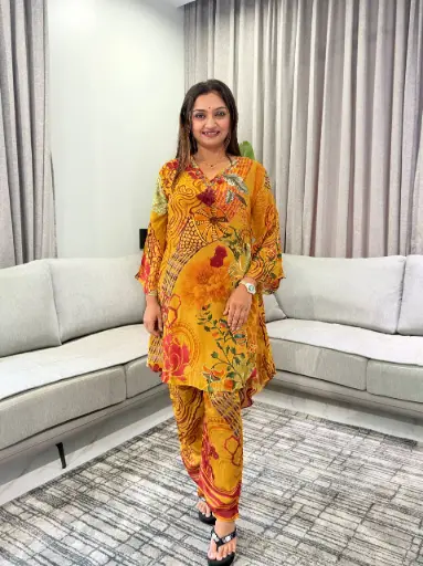 [2897] Mustard Yellow Viscose Crepe Printed Kurta Palazzo Set