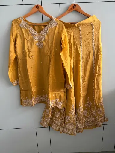 [2904] Mustard Yellow Festive Silk Hand-Embroidered Sharara Suit Set