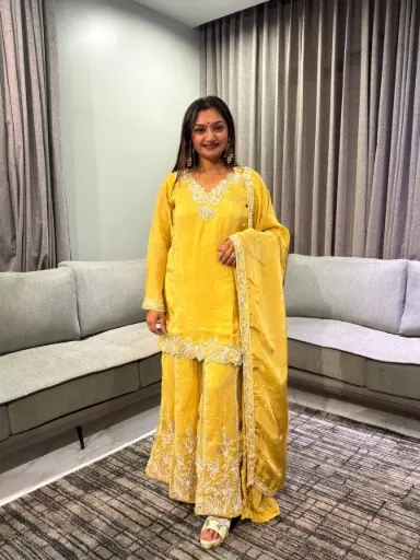 [2904] Mustard Yellow Festive Silk Hand-Embroidered Sharara Suit Set