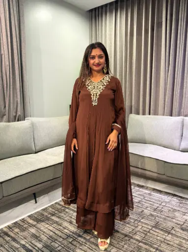[2907] Chocolate Brown Festive Silk Hand-Embroidered Sharara Suit Set