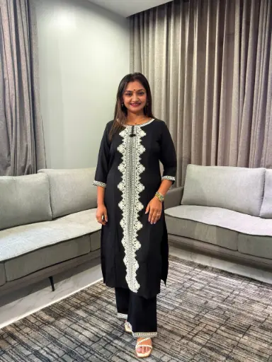 [2909] Jet Black Lace Embroidered Imported Cotton Kurta Set