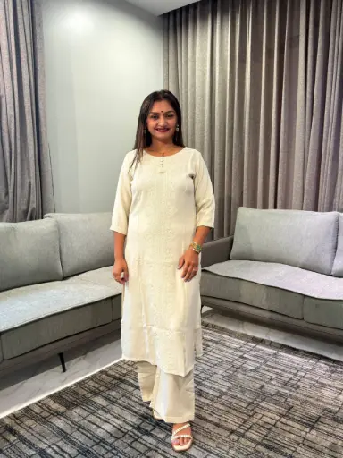 [2910] Beige Embroidered Front-Panel Imported Cotton Kurta Set