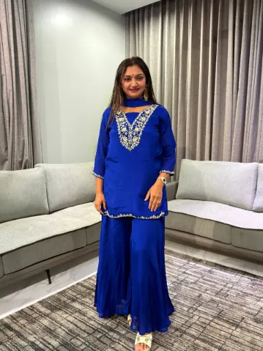 [2913] Royal Blue Festive Silk Hand-Embroidered Sharara Suit Set