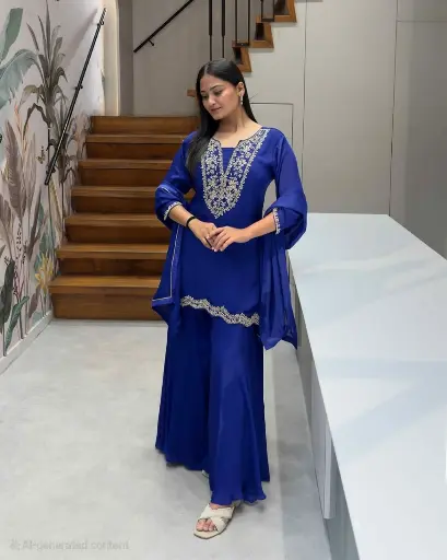 [2913] Royal Blue Festive Silk Hand-Embroidered Sharara Suit Set