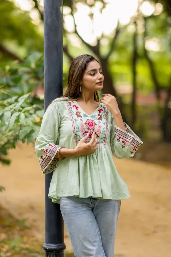 [2914] Pista Green Floral Embroidered Mull Cotton Short Top