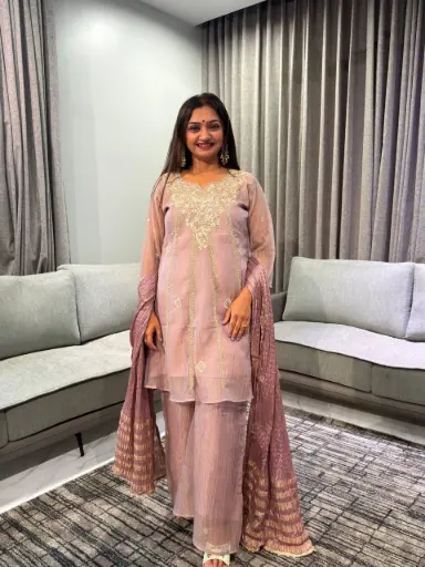 [2915] Mauve Pink Festive Shimmer Hand-Embroidered Sharara Set