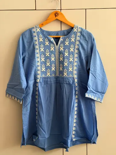 [2917] Powder Blue Floral Threadwork Premium Cotton Tunic