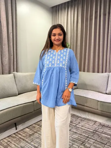 [2917] Powder Blue Floral Threadwork Premium Cotton Tunic