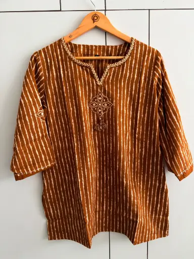 [2919] Rust Brown Striped Tie-Dye Embroidered Pure Cotton Tunic