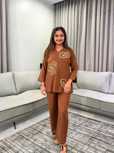 [2923] Rust Brown Floral Appliqué Flex Cotton Co-Ord Set
