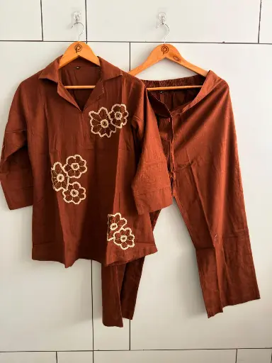 [2923] Rust Brown Floral Appliqué Flex Cotton Co-Ord Set