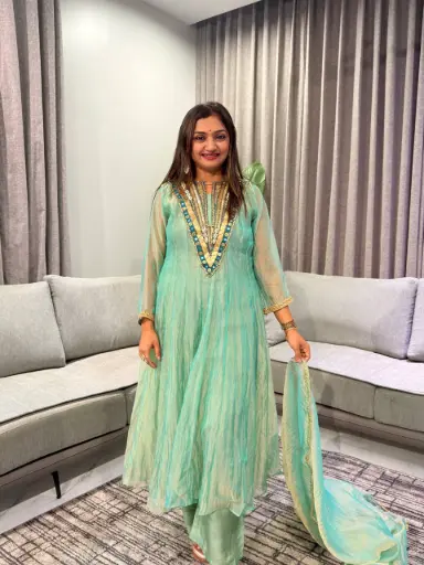 [2929] Sea Green Hand-Worked Tissue Silk Anarkali Suit Set
