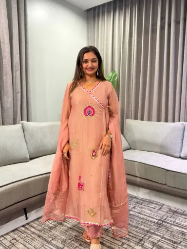 [2930] Rose Gold Angrakha Metallic Festive Tissue Suit Set