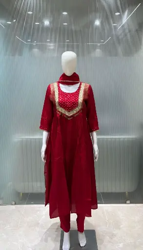 [2931] Crimson Red Dola Silk Mirror & Coin Work Suit Set